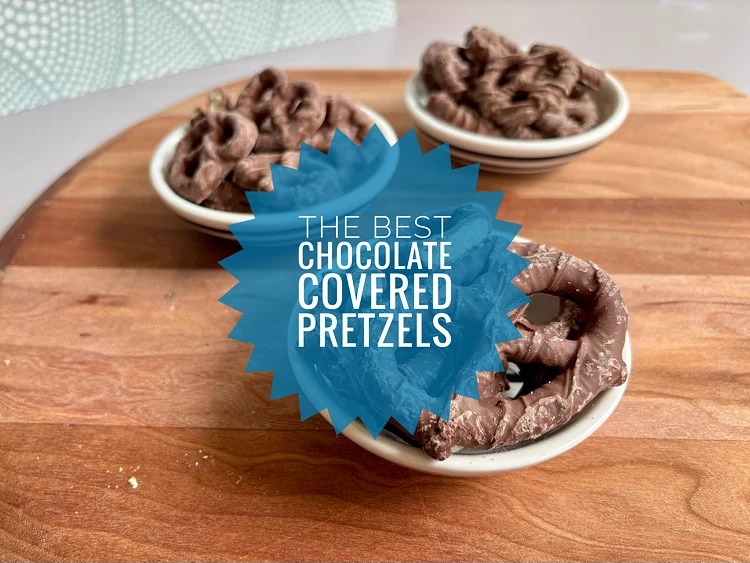 Three small bowls of chocolate covered pretzels with the text "The Best Chocolate Covered Pretzels"