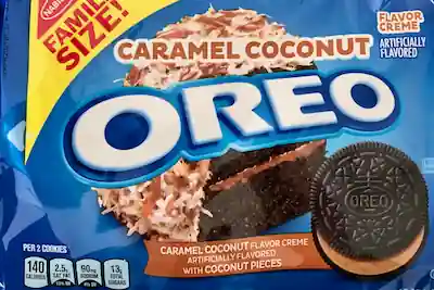 A container of Oreo cookies with Caramel Coconut flavor.