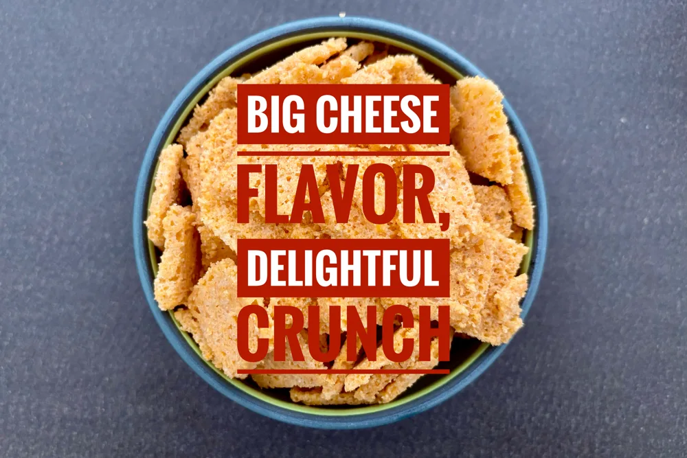 A bowl of Sonoma Creamery Crisps with the text "Big Cheese Flavor, Delightful Crunch"