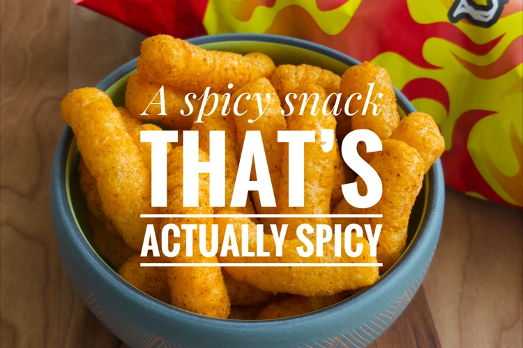 A bowl of Vegan Rob's Dragon Puffs with the text "A spicy snack that's actually spicy"