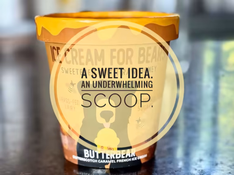 A carton of Ice Cream for Bears's Butterbear with an overlay that says "Sweet Idea. An Underwhelming scoop."