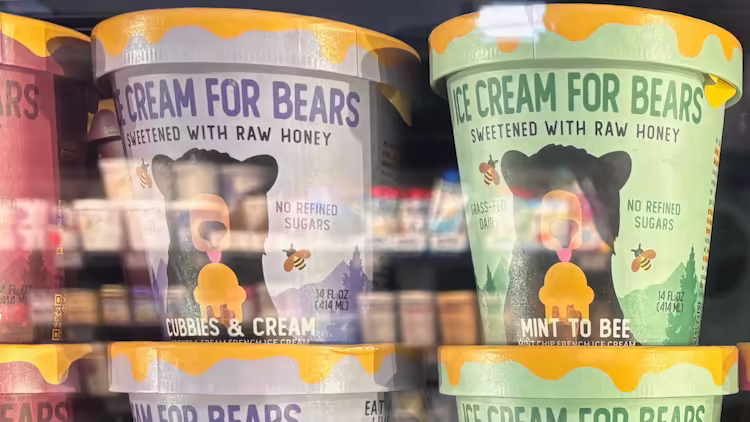 A grocery store freezer with different varieties of Ice Cream for Bears, including Cubbies and Cream and Mint to Bee.